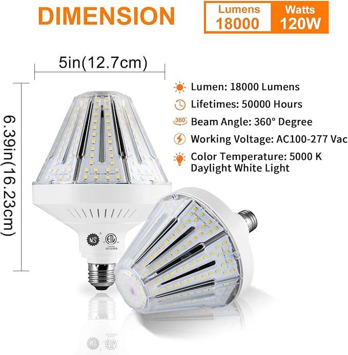 1200W Equivalent Led Corn light bulbs,120W 18000 Lumens LED Corn Bulb 5000K Daylight White Lamp,E26 Medium/E39 Mogul Base,2-Pack Large Area Lights For Outdoor Indoor Garage Warehouse High Bay Lighting