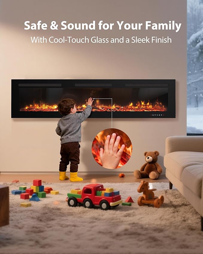 EUHOMY 72 Inch Electric Fireplace Wall Recessed and Wall Mounted with Adjustable Flame Color, Fireplace Heater with Remote Control, Linear Fireplace with Timer, Touch Screen, Log & Crystal, 750/1500W