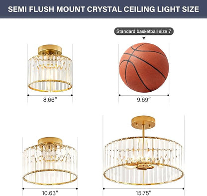 Crystal Gold Semi Flush Mount Ceiling Light, Modern Hallway Light Fixture, Metal Close to Lamp for Bathroom Entryway Bedroom Kitchen(8.66 inch)