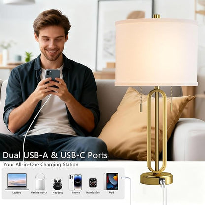 26.5" Set of 2 Industrial Table Lamps with USB C+ A Ports, Gold Metal Bedside Lamps, Pull Chain, Modern Farmhouse Nightstand Lamp for Bedroom, Living Room, Home Office with White Shade