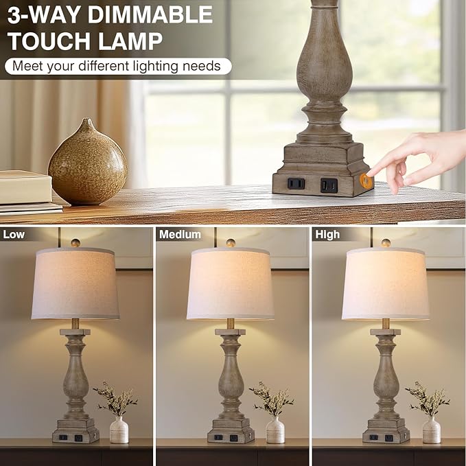 28" Tall Farmhouse Table Lamps Set of 2 with USB C+A Ports and AC Outlet, 3 Way Touch Control Rustic Bedside Lamp for Bedroom, Brown Vintage Nightstand Lamp for Living Room Office
