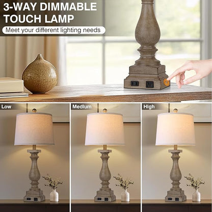28" Tall Farmhouse Table Lamps Set of 2 with USB C+A Ports and AC Outlet, 3 Way Touch Control Rustic Bedside Lamp for Bedroom, Brown Vintage Nightstand Lamp for Living Room Office