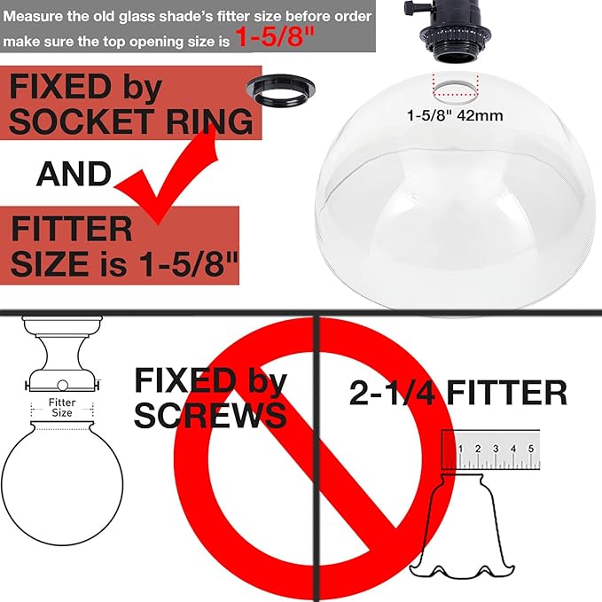 Bowl Glass Lamp Shade Replacement, 1-5/8 inch Fitter, 11.8" Diameter, 6.1" Height, Clear Glass Globe Cover