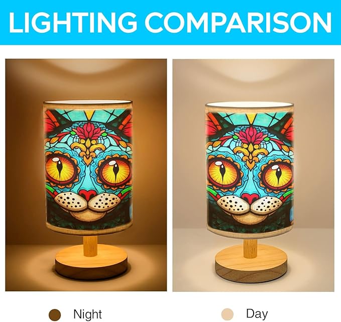 Cat Sugar Skull Table Lamp LED 3-Color Pressed Bedside, Cat Sugar Skull Shade Lamp with Wood Base for Bedroom Living Room Desk Office TL01