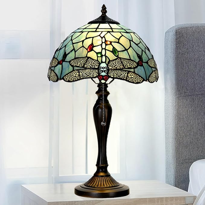 TL0023 Tiffany Style Dragonfly Table Lamp Stained Glass Blue Shade Reading Desk Light 12 X 20 Inches for Bedroom Living Room Home Office, Vintage Handcrafted Accent Décor, LED Blub Included