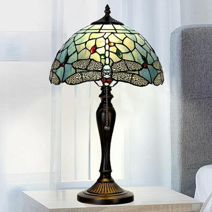 TL0023 Tiffany Style Dragonfly Table Lamp Stained Glass Blue Shade Reading Desk Light 12 X 20 Inches for Bedroom Living Room Home Office, Vintage Handcrafted Accent Décor, LED Blub Included