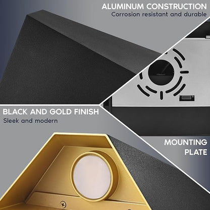 LUXRITE Outdoor LED Black and Gold Wall Sconce, 12W Modern Exterior Wall Light, 3CCT 3000K 4000K 5000K, 8 Inch, Aluminum, IP65 Waterproof, ETL Listed, Porch Lights for Entryway, Patio, Garage, House