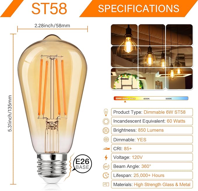 MAXvolador 12-Pack Dimmable Vintage LED Edison Bulb 60W Equivalent, 6W 850Lumens Amber Warm 2200K ST58 Antique Filament Light Bulbs, E26 Base