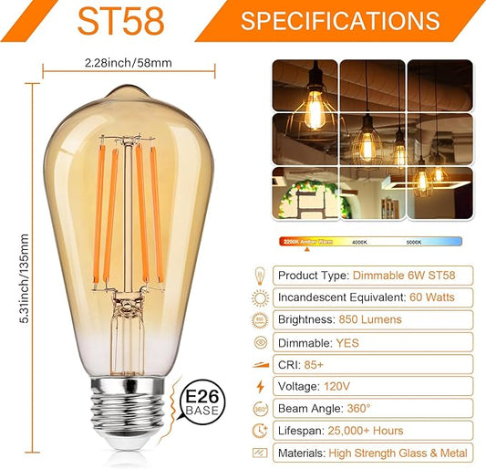 MAXvolador 12-Pack Dimmable Vintage LED Edison Bulb 60W Equivalent, 6W 850Lumens Amber Warm 2200K ST58 Antique Filament Light Bulbs, E26 Base