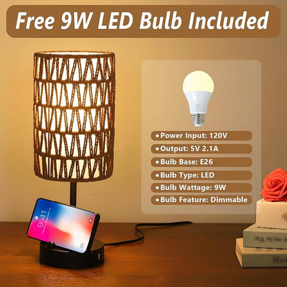 Bedside Lamps Set of 2, Touch Control Night Stand Lamp for Bedroom with Rattan & Linen Shade & Bulbs, 3 Way Dimmable Small Boho Table Lamps with USB Charging Port & Phone Stand (Coffee Color)