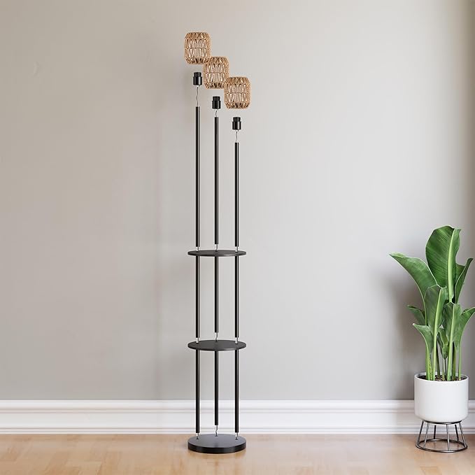 WIHTU 70" Boho Floor Lamp, Dimmable Rattan Floor Lamp with Shelves, 3 Lights Rustic Tall Lamps with Rotary Switch, Farmhouse Standing Lamps for Living Room, Bedroom，Office (Includes 3 Bulbs)