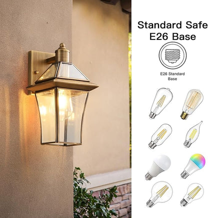 Waterproof Brass Outdoor Wall Lanterns (2-Pack) - E26 Socket & Glass Shade Exterior Wall-Mounted Lights, Rustproof Modern Sconces for Front Door, Porch, Yard & Entryway