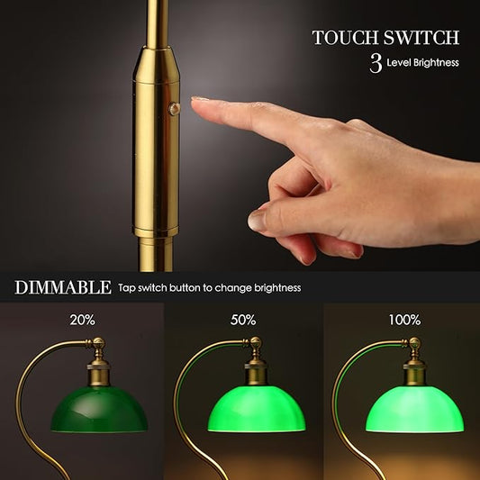 O’Bright Heritage - Banker’s Floor Lamp, 3-Level Touch Dimming, Adjustable Tilt Shade, Removable Lampshade Design, E26 Socket with 6W Dimmable LED Bulb, Green Glass Shade, Antique Brass