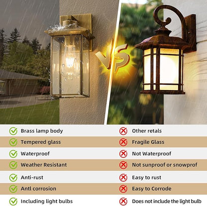 Brass Outdoor Wall Light Fixtures, Exterior Waterproof Lanterns, Porch Wall-Mounted Lights with E26 Socket and Glass Shade – Modern Rustproof Wall Sconces for Yard, Front Door & Entryway.2-Pack