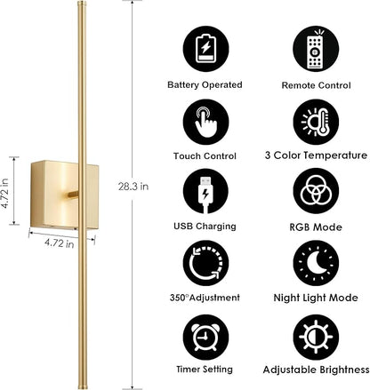 28.3 Inch 9 RGB Color Battery Operated Wireless Wall Sconces Set of Two, with Remote, Dimmable, Warm/Natural White/Daylight, Rotatable, LED Wall Light for Living Room, Bedroom, Gold