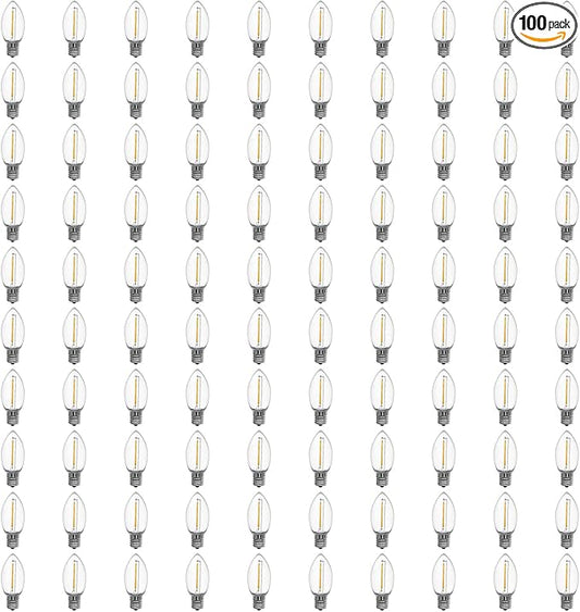 Meconard C9 Led Replacement Christmas Light Bulbs, 100 Pack C9 Shatterproof Plastic Led Bulbs for Christmas Outdoor String Lights, E17 Intermediate Base, Commercial Grade Holiday Bulbs, Warm White.