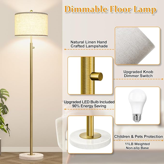 【Upgraded】 Dimmable Floor Lamp for Living Room, 11W LED Bulb Included, Modern Standing Lamp with Marble Base, Tall Pole Light with Linen Shade for Bedroom Reading Office Corner Nursery-Brass Gold