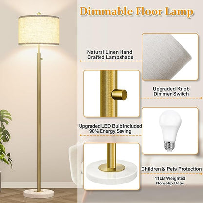 【Upgraded】 Dimmable Floor Lamp for Living Room, 11W LED Bulb Included, Modern Standing Lamp with Marble Base, Tall Pole Light with Linen Shade for Bedroom Reading Office Corner Nursery-Brass Gold