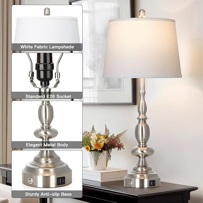 29" Tall Modern Silver Table Lamps Set of 2, 3-Way Dimmable Touch Living Room Lamp with USB A+C Charging Port, Brushed Nickel Metal Farmhouse Bedside lamp for Bedroom Nightstand Side Table Desk Office