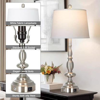 29" Tall Modern Silver Table Lamps Set of 2, 3-Way Dimmable Touch Living Room Lamp with USB A+C Charging Port, Brushed Nickel Metal Farmhouse Bedside lamp for Bedroom Nightstand Side Table Desk Office