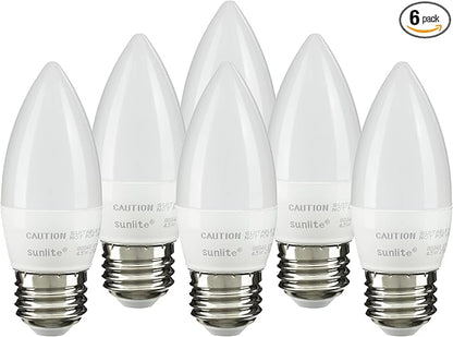 Sunlite LED B13 Torpedo Decorative Chandelier Light Bulb, 7 Watts (60W=), 500 Lumens, 120 Volts, Dimmable, E26 Base, ETL Listed, Torpedo Frosted, Title-20, 2700K Soft White, 6 Pack