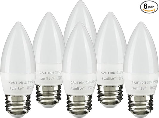 Sunlite LED B13 Torpedo Decorative Chandelier Light Bulb, 7 Watts (60W=), 500 Lumens, 120 Volts, Dimmable, E26 Base, ETL Listed, Torpedo Frosted, Title-20, 2700K Soft White, 6 Pack