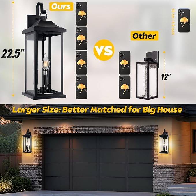 2-Pack 23" Extra Large Outdoor Wall Lights Candelabra 3-Light, IP65 Waterproof Exterior Lights with Clear Glass Front Porch Lanterns Outdoor Wall Sconce Lighting Outside Coach Lights, E12