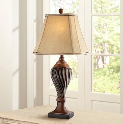 Regency Hill Carved 28 1/2" Tall Urn Traditional End Table Lamps Set of 2 Two-Tone Brown Finish Beige Shade Living Room Bedroom Bedside Nightstand House Office Home Kitchen Entryway Console Family