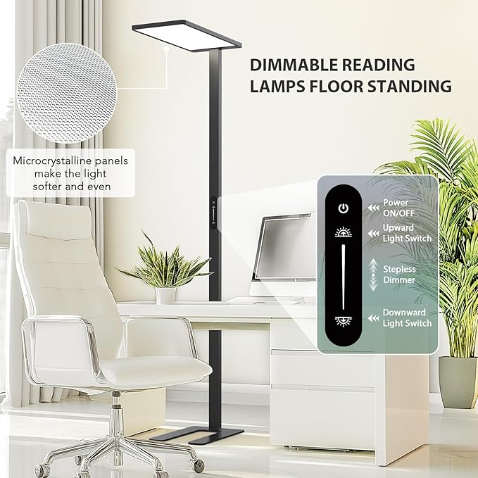 STERREN Modern LED Floor Lamp, 10000LM Touch Dimming Standing Lamp, 4000K Full Spectrum Eye-Care Reading Light Floor Standing, 76.8" Tall Lamp for Study Room, Office, Living Room, Bedroom (Black)