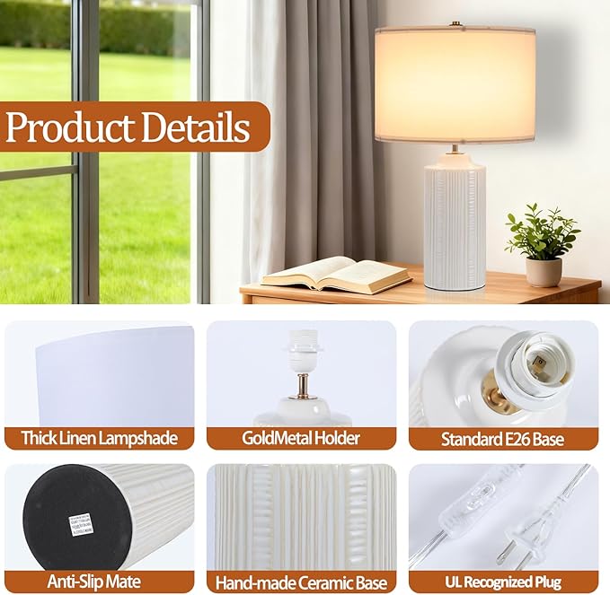 23" Ceramic Table Lamps Set of Two, White Ceramic Desk Lamps for Living Room, Farmhouse Bedside Lamps for Bedroom Decor, Beige Nightstand End Table Lamps