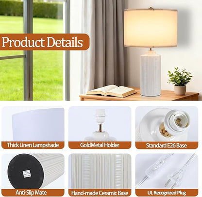 23" Ceramic Table Lamps Set of Two, White Ceramic Desk Lamps for Living Room, Farmhouse Bedside Lamps for Bedroom Decor, Beige Nightstand End Table Lamps