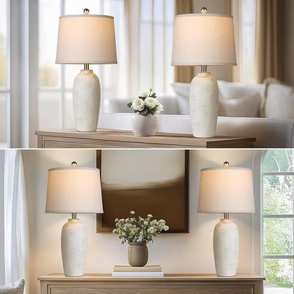 25“ Jar Table Lamps Set of 2, Ceramic Bedside Lamps for Bedroom, Beige Farmhouse Nightstand Lamps for Living Room