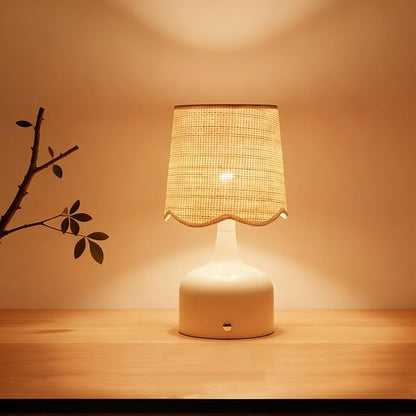 Cordless Boho Table Lamp Beige, Wicker Shade, 5200-mAh Rechargeable Battery, 3-Way Dimmable, Build-in Integrated LED 320 Lumen Max, for Bedside Living Room