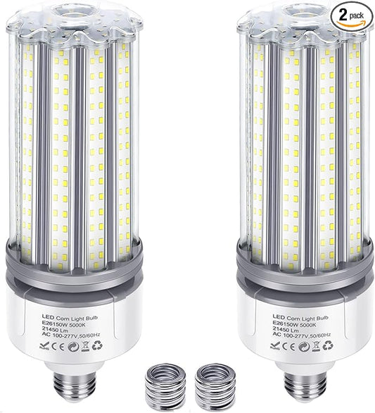 150W LED Corn Light Bulbs 2 Pack, AC110-277V, E26/E39 Base, 21450LM, Cob Bulb 5000K Daylight White Commercial Grade Corn Lights for Warehouse Parking Lots High Bay Street Light