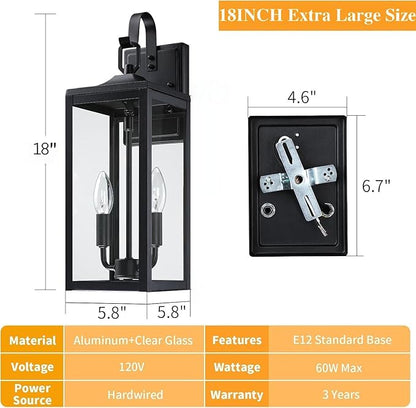 18'' Large Outdoor Light Fixture 2 Packs, Black Porch Lantern Wall Mounted, Waterproof 2-Light Exterior Lighting Fixtures with Clear Tempered Glass, Modern Sconce Outside Lights for House Patio Garage