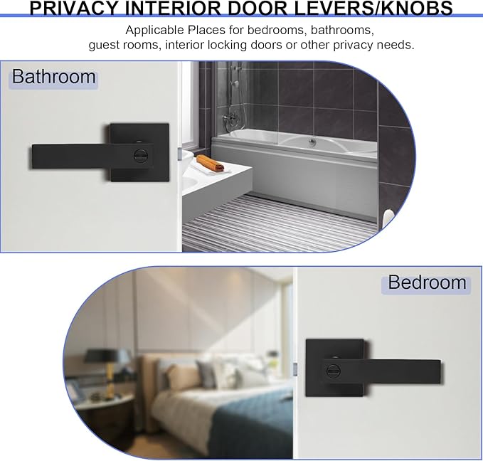 Privacy Door Levers, 5 Pack Matte Black Door Handles, Bed and Bath Door Locksets Heavy Duty Keyless Interior Handles, Reversible for Left Right Handed Doors