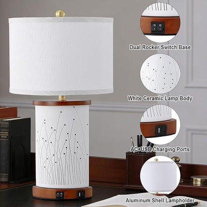 Set of 2 Ceramic Table Lamps with 3 Color Temperatures, Nightstand Table Lamps with AC Outlet, USB A & C Charging Port, Bedside Lamps for Living Room, Bedroom, Office Reading, Walnut