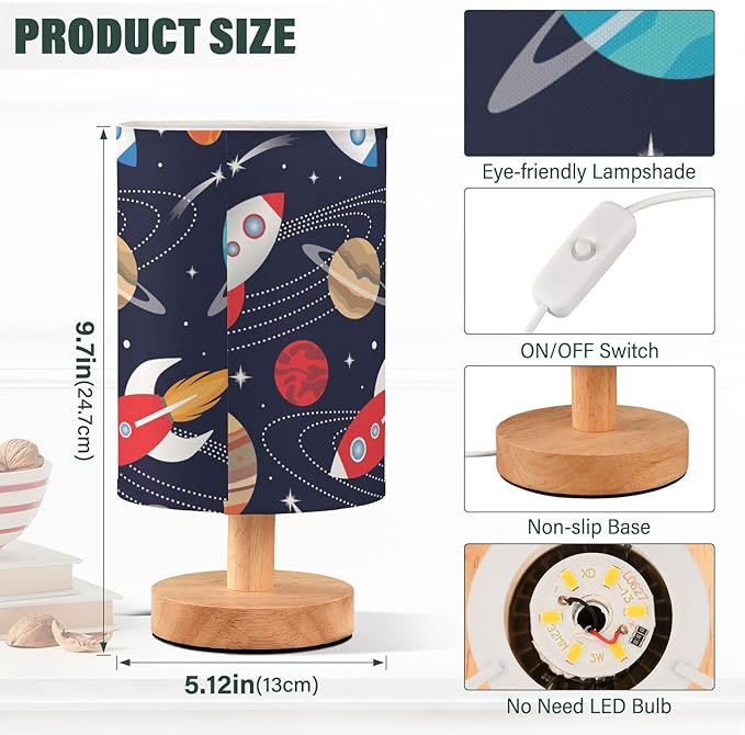 Bedside Lamp Space Cute Rockets Planets Table Lamp for Bedroom LED Nightstand Lamp Shade USB Ports Wood Base for Living Room Dorm Office