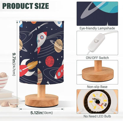 Bedside Lamp Space Cute Rockets Planets Table Lamp for Bedroom LED Nightstand Lamp Shade USB Ports Wood Base for Living Room Dorm Office