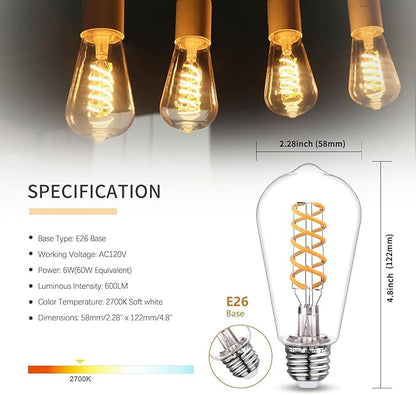 12 PCS Dimmable Vintage LED Edison Bulbs, 6W Equivalent 60 Watt, Warm White 2700K, Antique Flexible Spiral LED Filament Light Bulb, ST58 (ST19), 600 Lumens, E26 Base, Clear Plastic