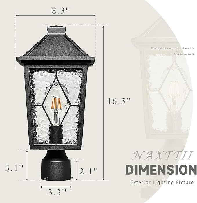 Outdoor Post Lights 16.5 Inch Black Lamp Post Light Fixture Aluminum Column Lighting with Water Ripple Glass E26 Socket Waterproof