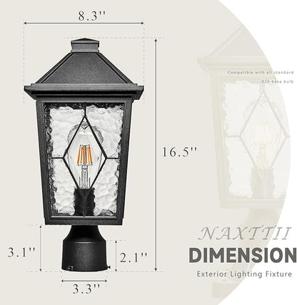 Outdoor Post Lights 16.5 Inch Black Lamp Post Light Fixture Aluminum Column Lighting with Water Ripple Glass E26 Socket Waterproof