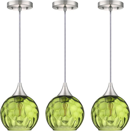 6.3" Hammer Dark Green Glass Pendant Light 3 Pack Pendant Ceiling Light Fixtures Brushed Nickel Finish Modern Farmhouse Dinning Over Sink Adjustable Height Cord