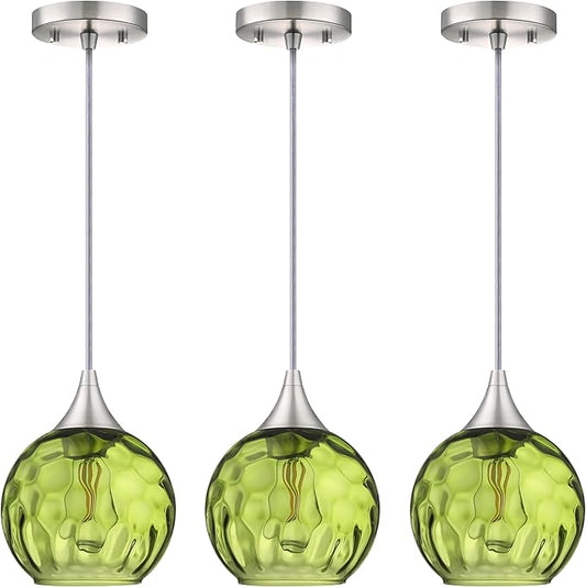 6.3" Hammer Dark Green Glass Pendant Light 3 Pack Pendant Ceiling Light Fixtures Brushed Nickel Finish Modern Farmhouse Dinning Over Sink Adjustable Height Cord