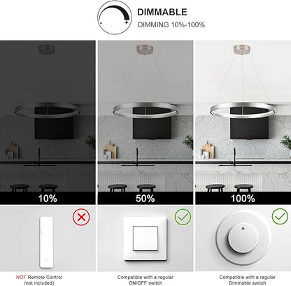 Modern Led Pendant Light,1 Ring Modern Circular Chandelier Dimmable Hanging Pendant Lighting for Living Room Dining Room Kitchen Island Foyer Office, 3000-6000K Brush Nickel