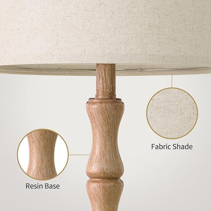 BOBOMOMO 25" Farmhouse Table Lamps Set of 2, Rustic Nightstand Lamps with Wood Grain Resin Base & Linen Shade, Standard Table Lamps for Bedroom, Living Room, Reading Nock & House Décor