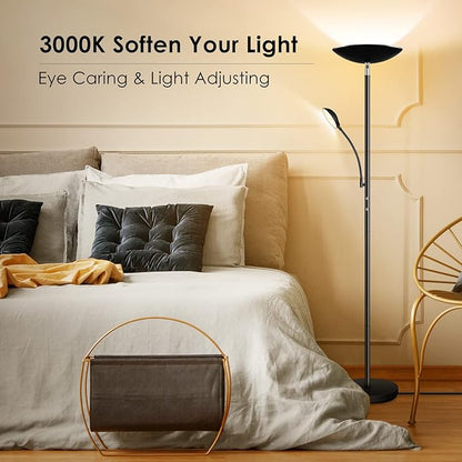 BoostArea Floor Lamp, LED 20W/2000LM Bright Torchiere Floor Lamp with 5W Adjustable Reading Lamp, Stepless Dimmable Standing Lamp, 2 Rotary Switch, Modern Floor Lamps for Living Room, Bedroom, Office