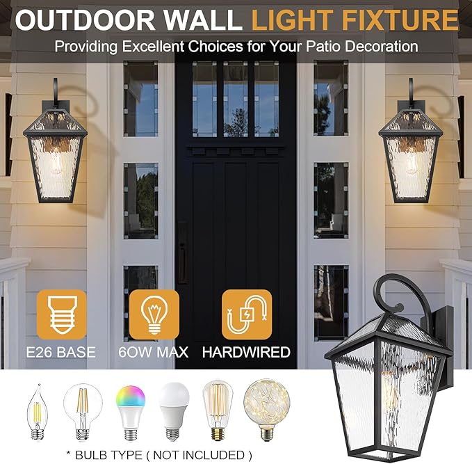 Outdoor Lights Fixtures Wall Mount, Outdoor Wall Lantern with Water Ripple Glass, Waterproof Outside Exterior Wall Sconce Lights Fixture for House, Front Porch, Patio, Medium, Matte Black