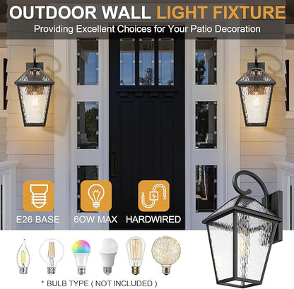 Outdoor Lights Fixtures Wall Mount, Outdoor Wall Lantern with Water Ripple Glass, Waterproof Outside Exterior Wall Sconce Lights Fixture for House, Front Porch, Patio, Medium, Matte Black
