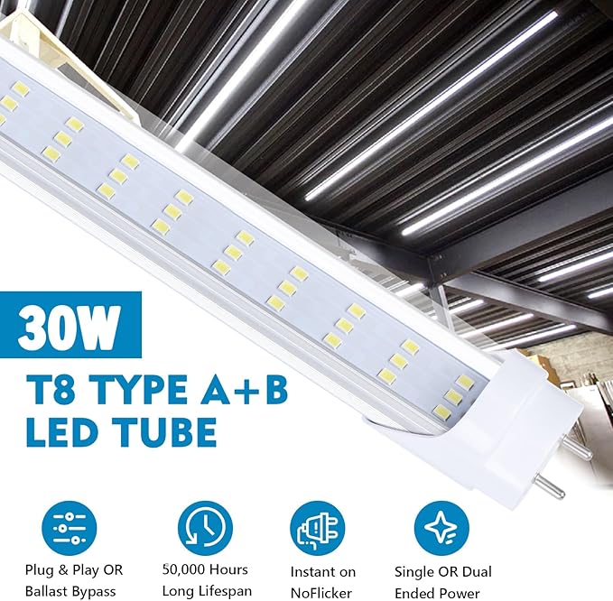 25-Pack 4FT LED T8 Type A+B Tube Lights, 30W(80W Equivalent), 4000LM, 6000K, Single or Double End Powered, Remove Ballast Installation, 4 Foot T10 T12 Fluorescent Bulbs Replacement, Clear
